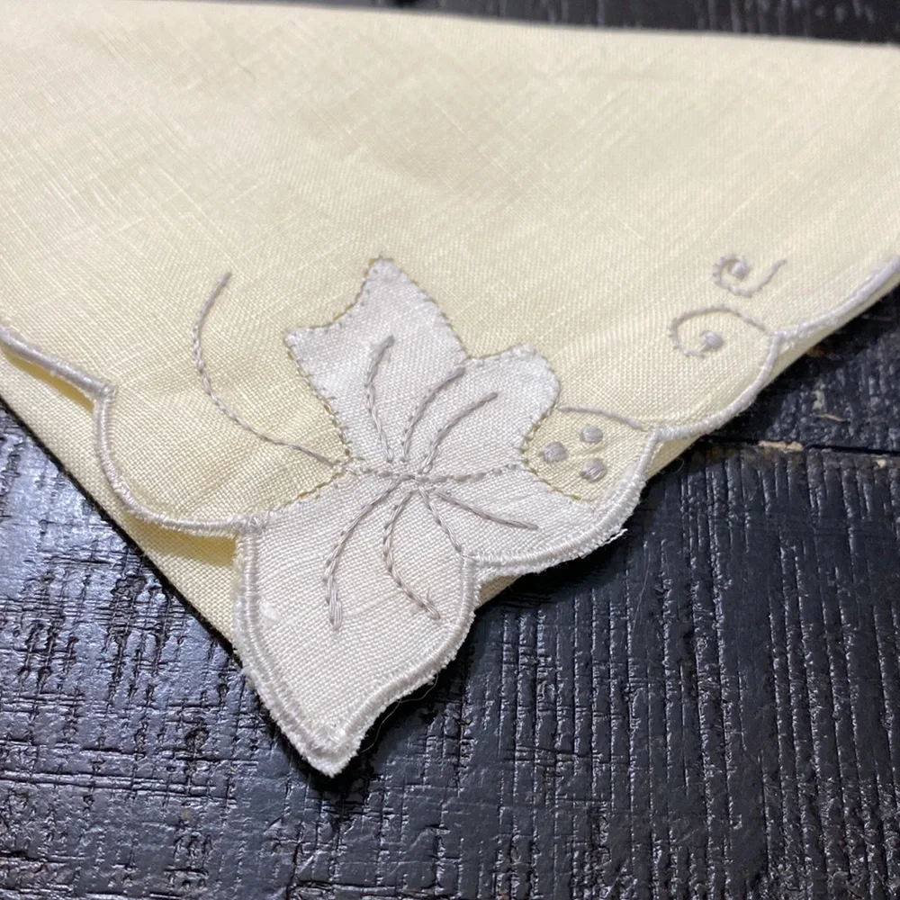 Vintage 1940’s-1860’s Madeira Style Set of 4 Pale Yellow Floral Corner Napkins!